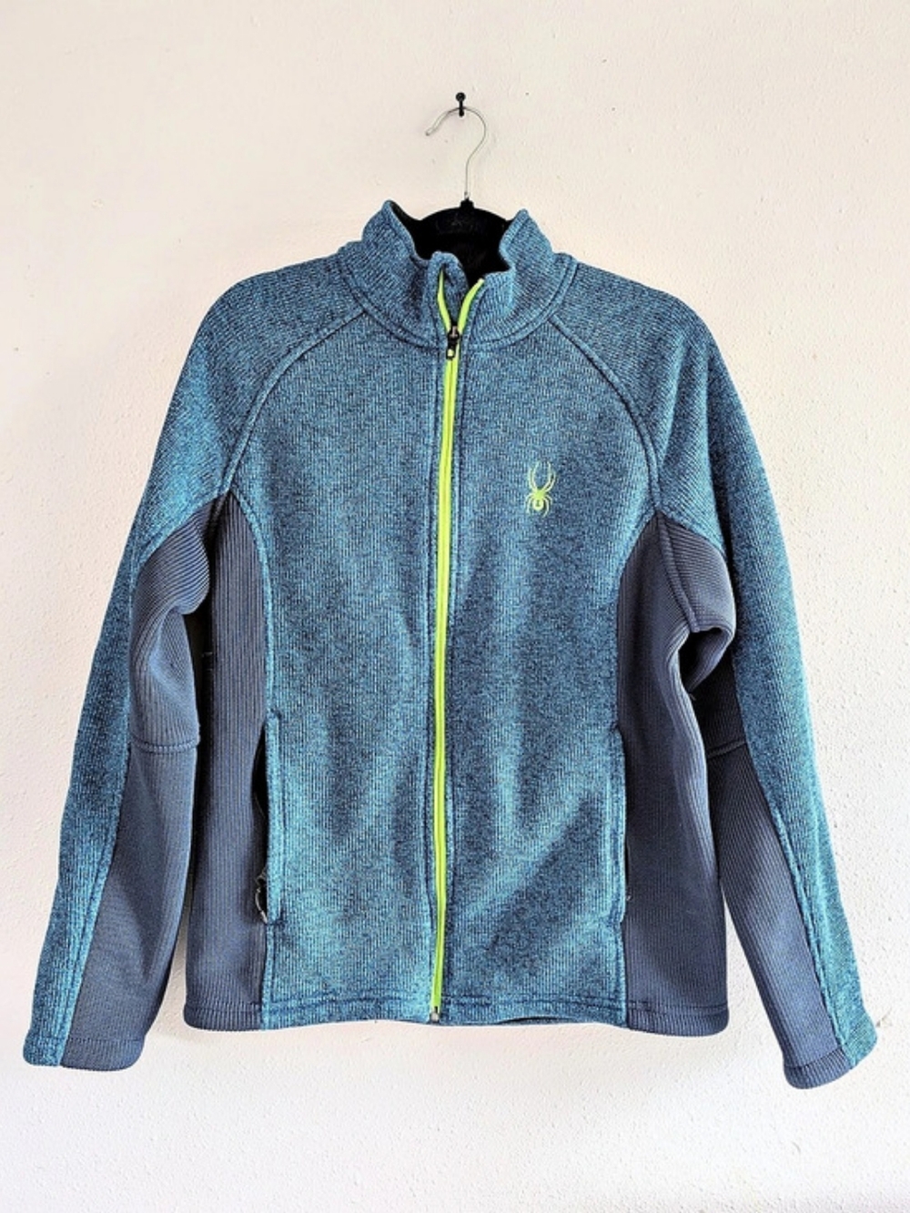 SPYDER Bandit Full Zip Sweater Knit Fleece Jacket Blue Neon Green Medium